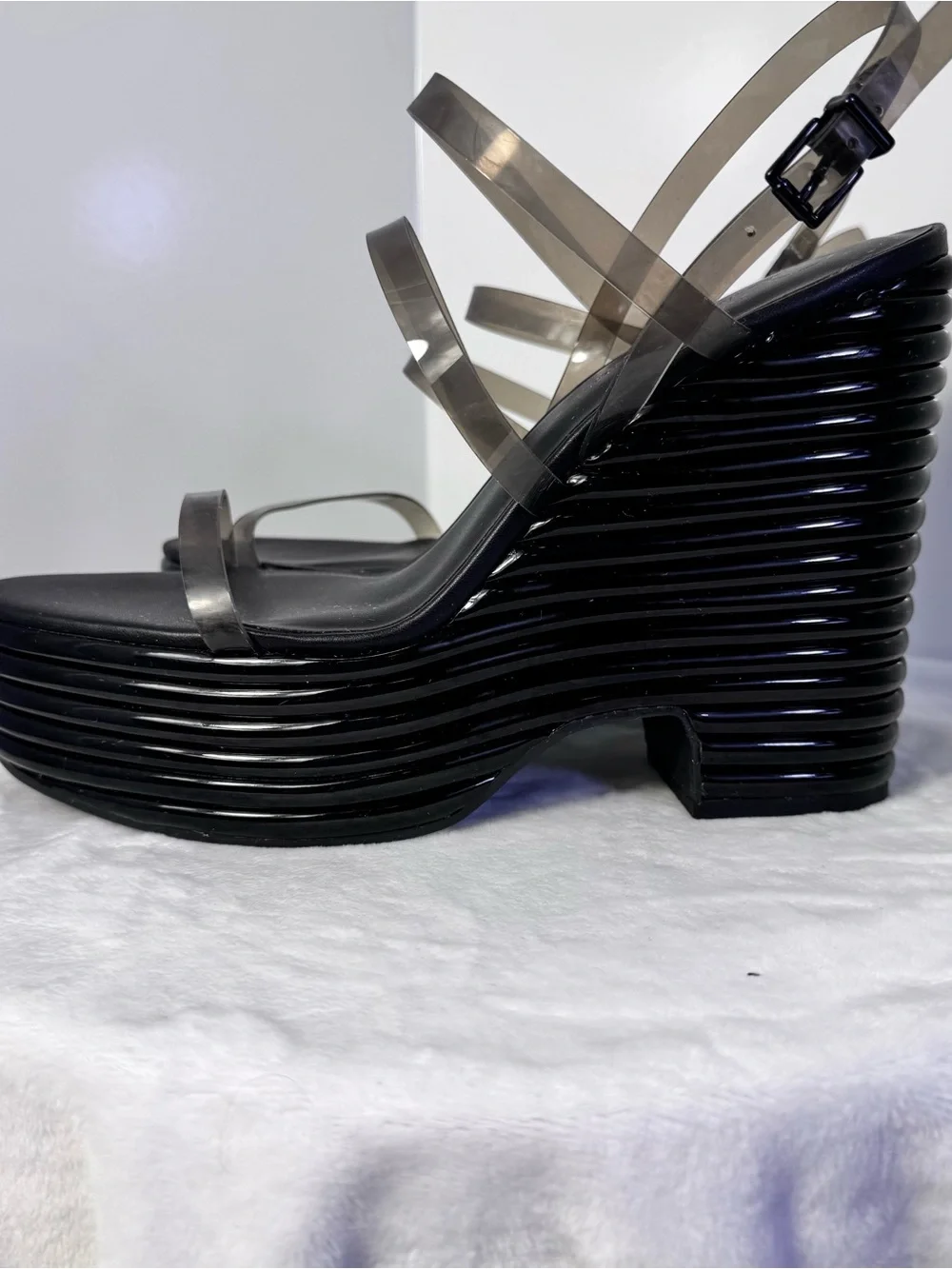 Jessica Simpson Clear Strap Platform Wedge Sandals Black 41/10 NWOB Y2K